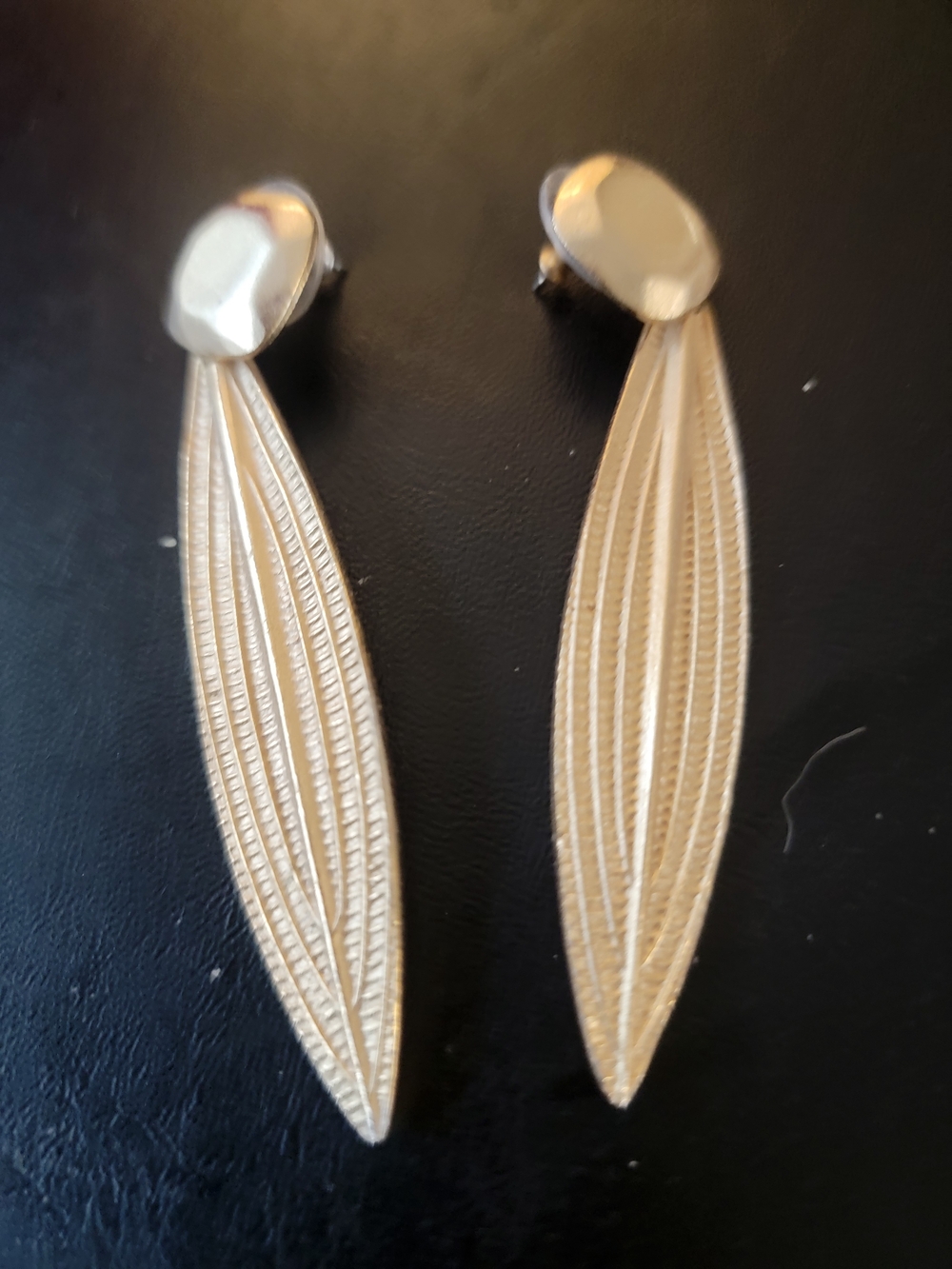 Textured Gold Long Leaf Drop Earrings - Women Jewelry